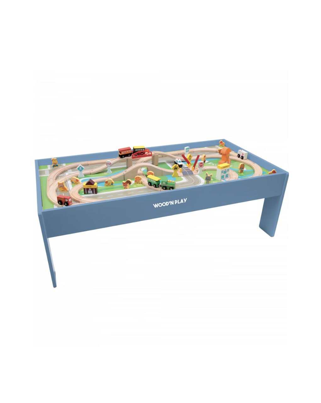 Wood’ n play ξύλινο τραπέζι 122cm με ράγες τρένου και 80 αξεσουάρ - 