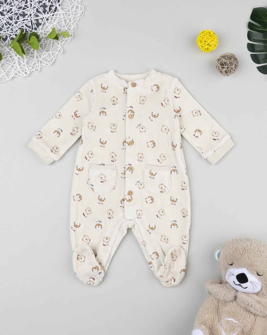 βρεφικό φορμάκι σενίλ μπεζ woodland για αγόρι - Prénatal