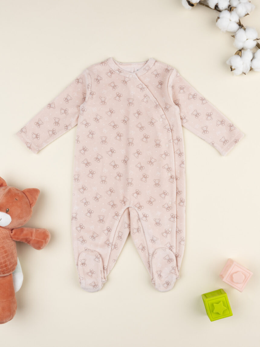 βρεφικό φορμάκι σενίλ ροζ με αρκουδάκια για κορίτσι - Prénatal