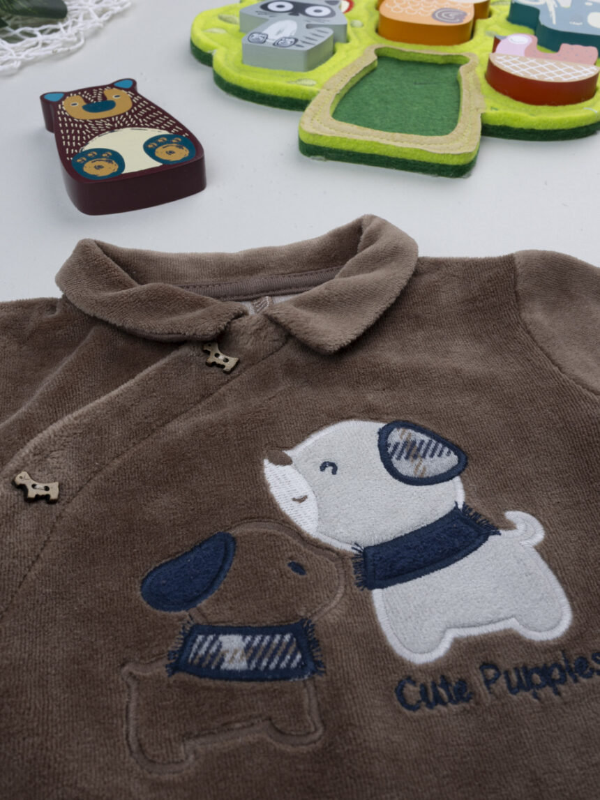 βρεφικό φορμάκι σενίλ καφέ cute puppies για αγόρι - Prénatal