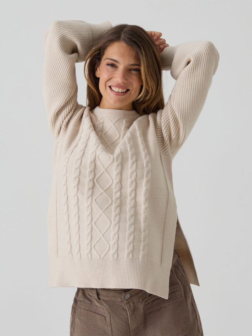 γυναικείο πουλόβερ εγκυμοσύνης μπεζ με πλεξούδες - Prénatal