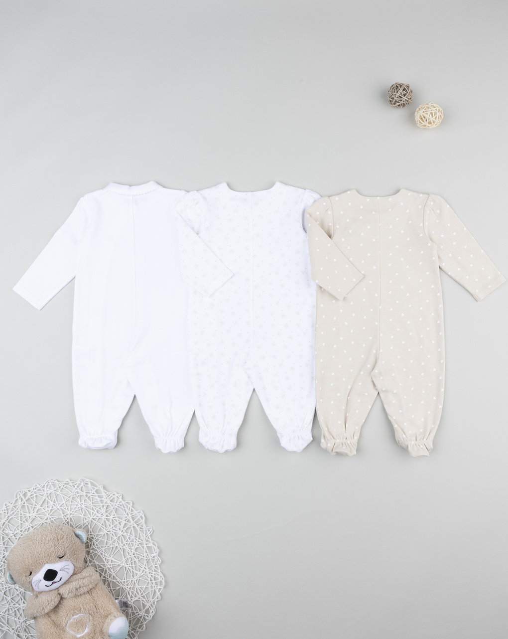 βρεφικά φορμάκια πακέτο x3 μπεζ/λευκό με καρδούλες για κορίτσι - Prénatal