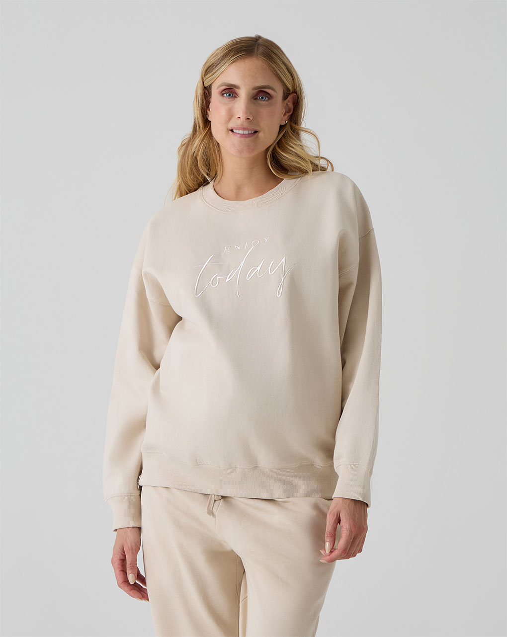 γυναικεία μπλούζα φούτερ εγκυμοσύνης/θηλασμού μπεζ enjoy today - Prénatal