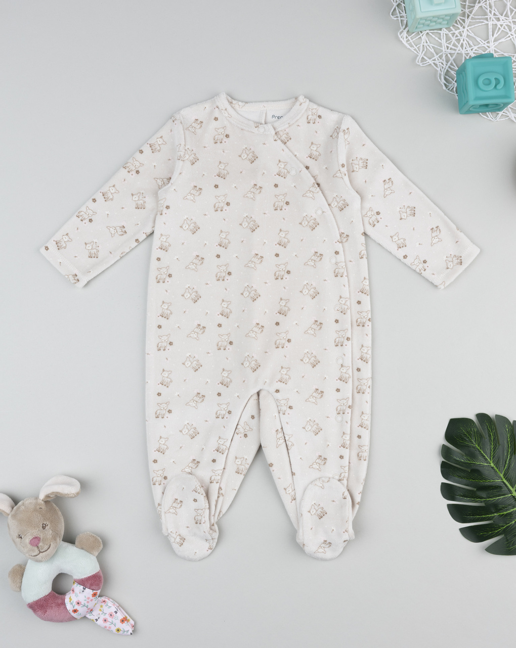 βρεφικό φορμάκι σενίλ εκρού με ελαφάκια για κορίτσι