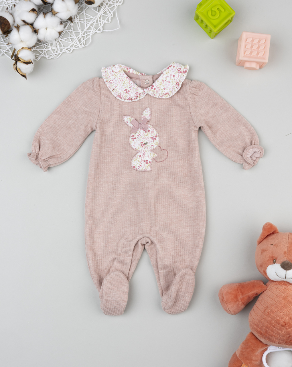 βρεφικό φορμάκι ριμπ ροζ με λαγουδάκι για κορίτσι