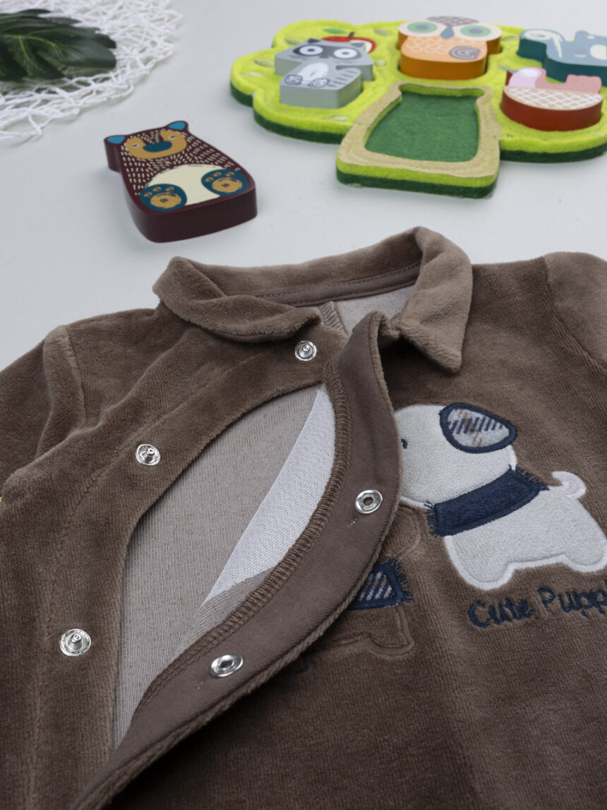 βρεφικό φορμάκι σενίλ καφέ cute puppies για αγόρι - Prénatal