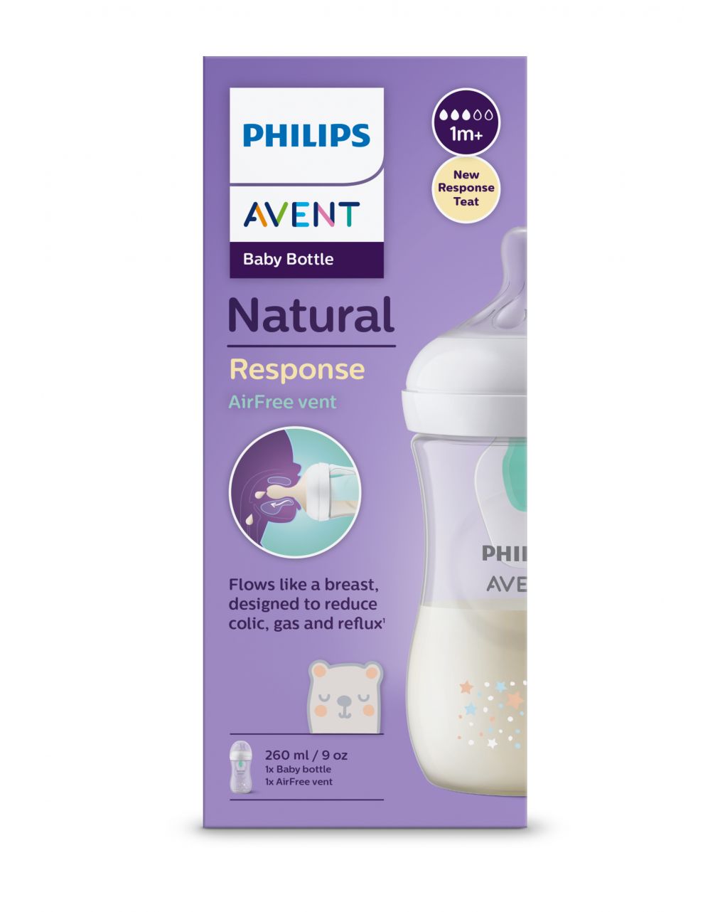 Philips avent πλαστικό μπιμπερό natural response με airfree valve 260ml 1m+ αστέρια και αρκουδάκι scy673/82 - Philips Avent