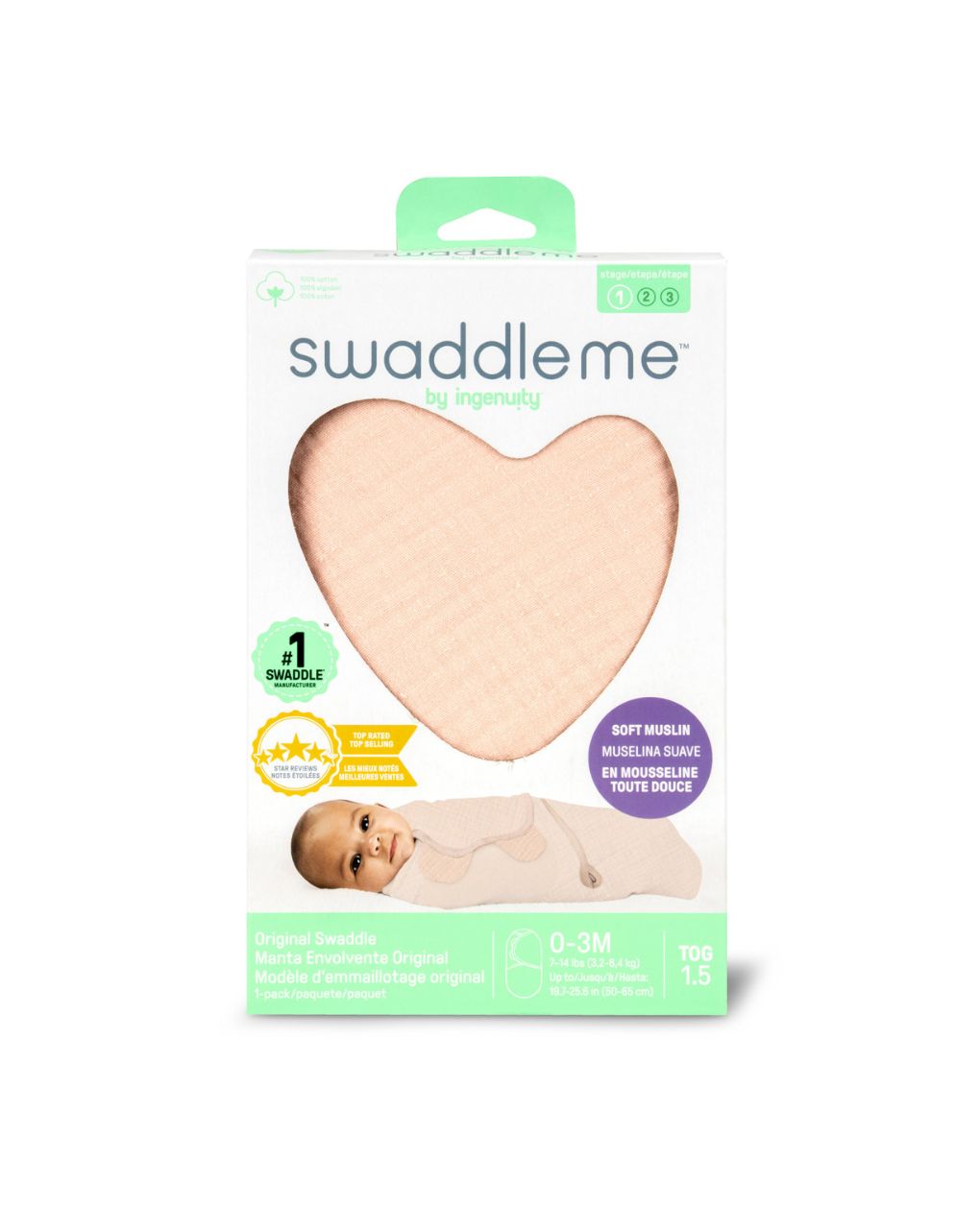 Swaddleme™ by ingenuity™  πάνα αγκαλιάς muslin swaddle blush 1.5 tog 0-3m 17051 - Swaddleme