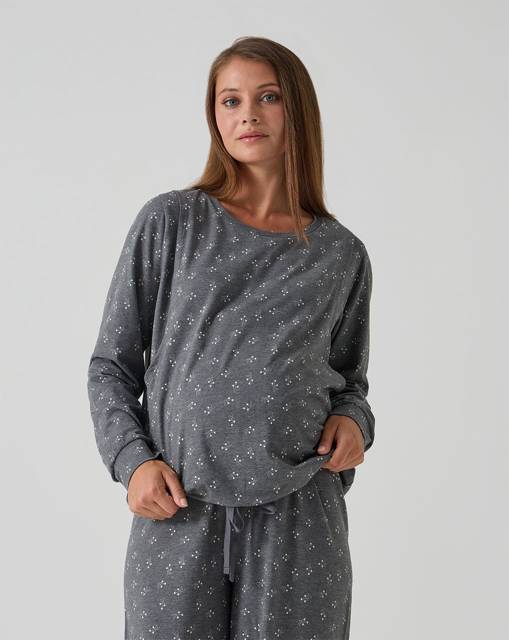 γυναικεία πιτζάμα εγκυμοσύνης/θηλασμού γκρι φλοράλ - Prénatal