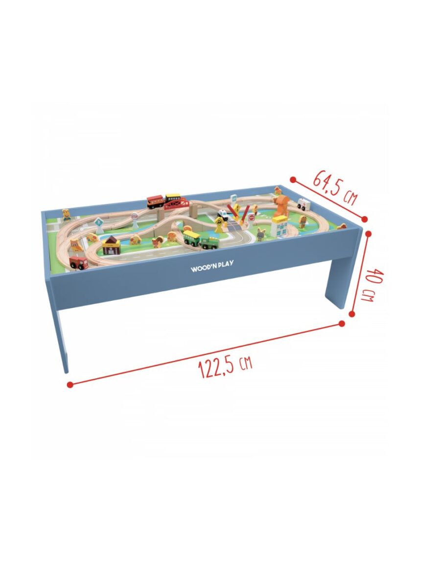 Wood’ n play ξύλινο τραπέζι 122cm με ράγες τρένου και 80 αξεσουάρ - 