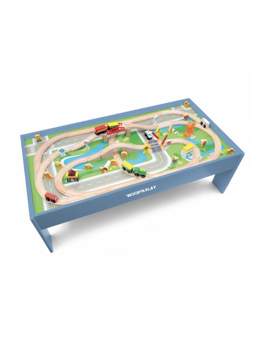 Wood’ n play ξύλινο τραπέζι 122cm με ράγες τρένου και 80 αξεσουάρ - 