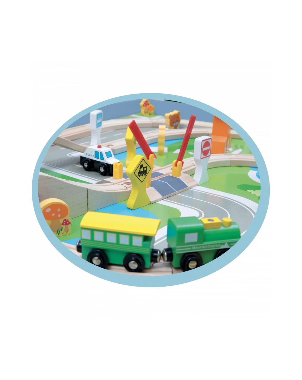 Wood’ n play ξύλινο τραπέζι 122cm με ράγες τρένου και 80 αξεσουάρ - 