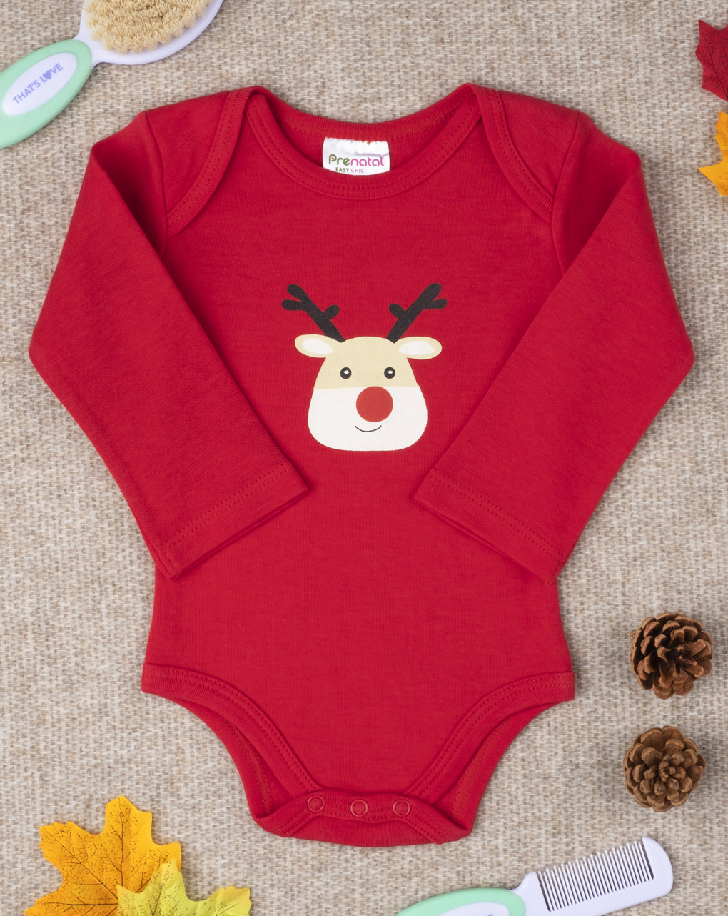 βρεφικό χριστουγεννιάτικο κορμάκι κόκκινο με τάρανδο unisex