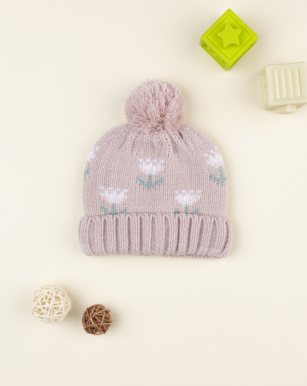 βρεφικό σκουφάκι ροζ με λουλούδια για κορίτσι