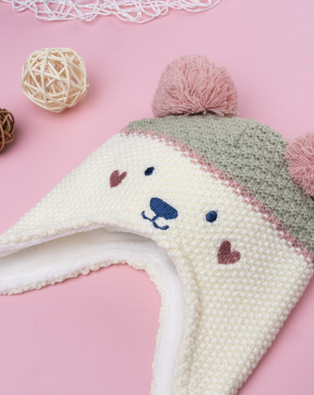 βρεφικό σκουφάκι περουβιανού τύπου με αρκουδάκι για κορίτσι - Prénatal