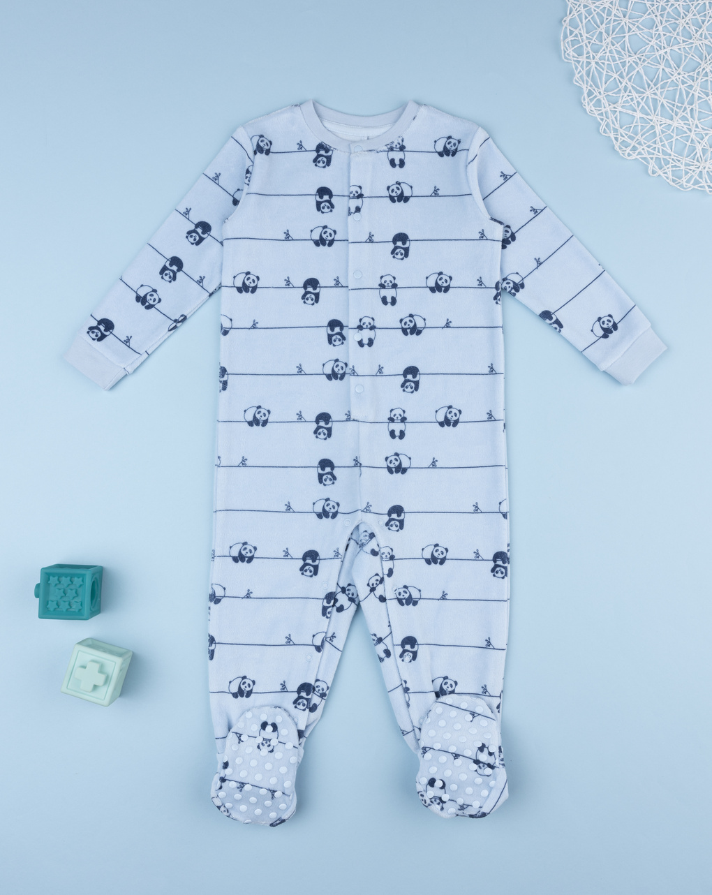 βρεφική πιτζάμα ολόσωμη σενίλ γαλάζια με πάντα για αγόρι - Prénatal