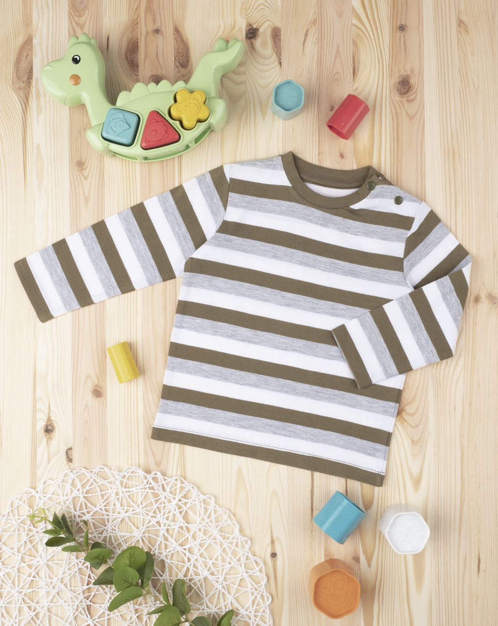 βρεφική μπλούζα ριγέ χακί/γκρι για αγόρι