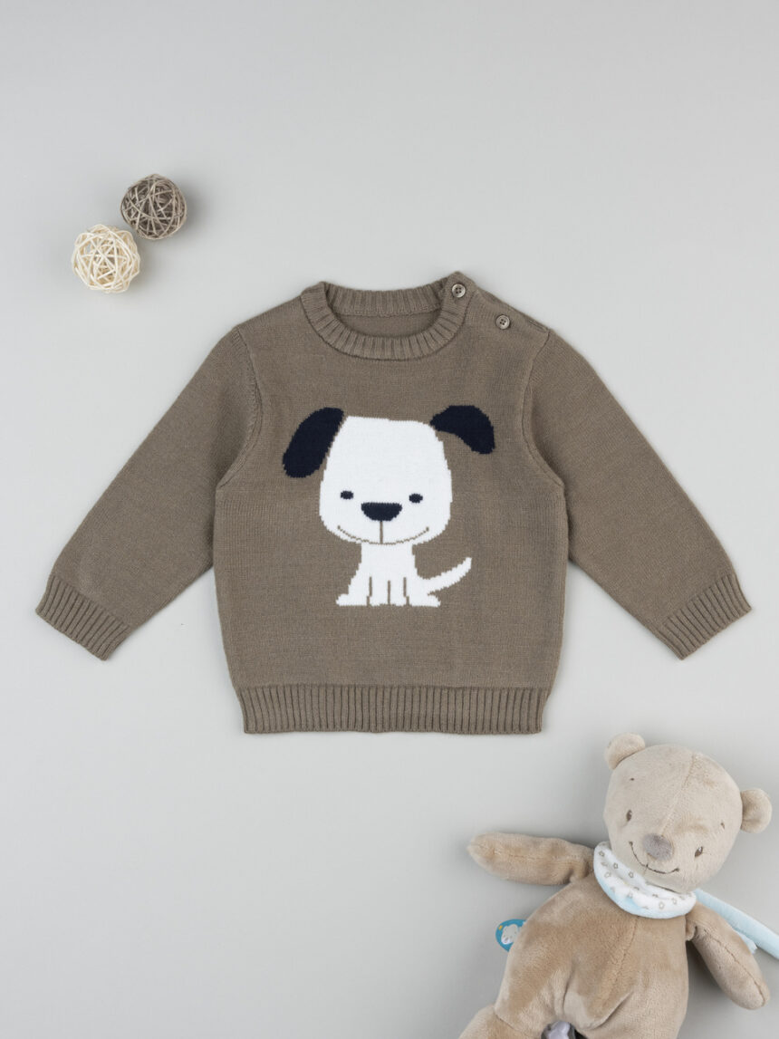 βρεφικό πουλόβερ καφέ με σκυλάκι για αγόρι - Prénatal