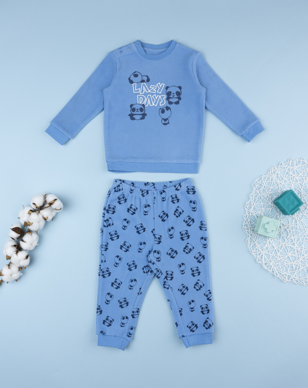 βρεφική πιτζάμα fleece γαλάζια με πάντα για αγόρι