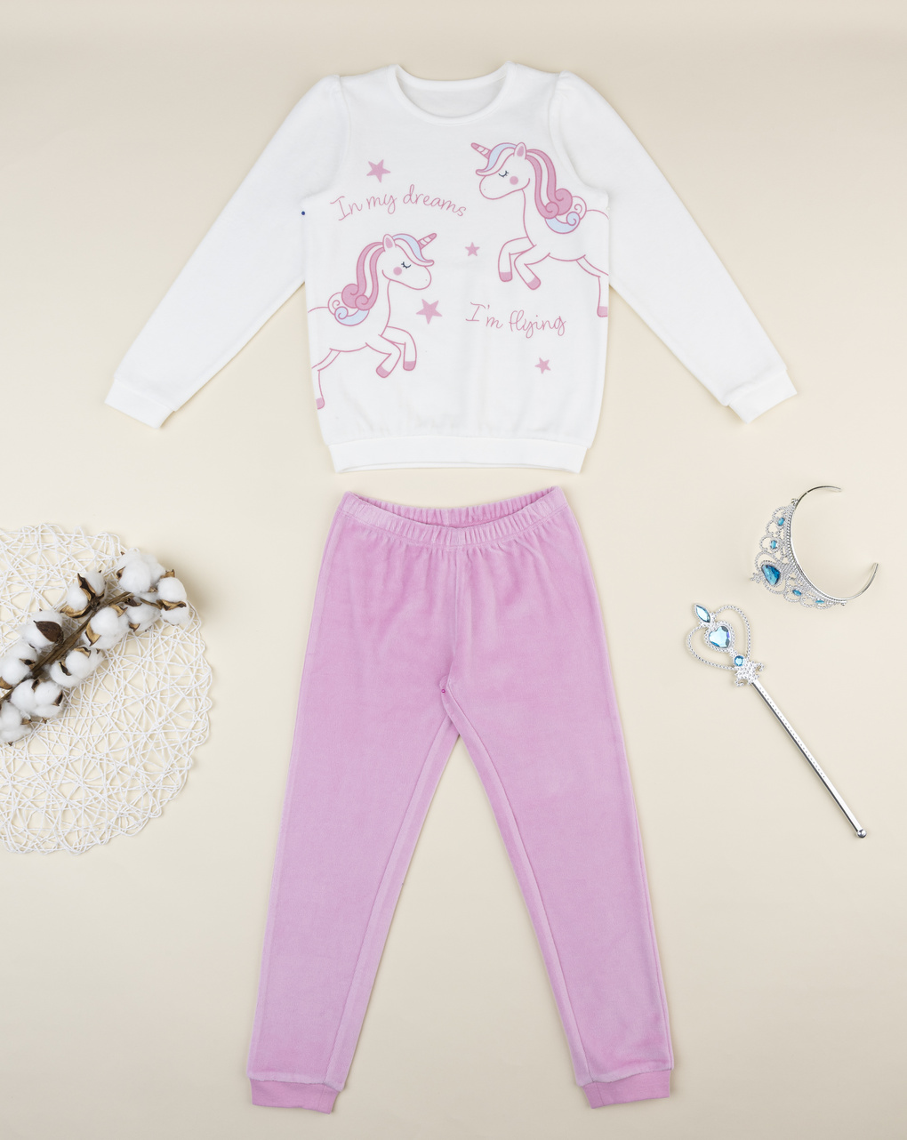 παιδική πιτζάμα σενίλ λευκή/ροζ με μονόκερους για κορίτσι