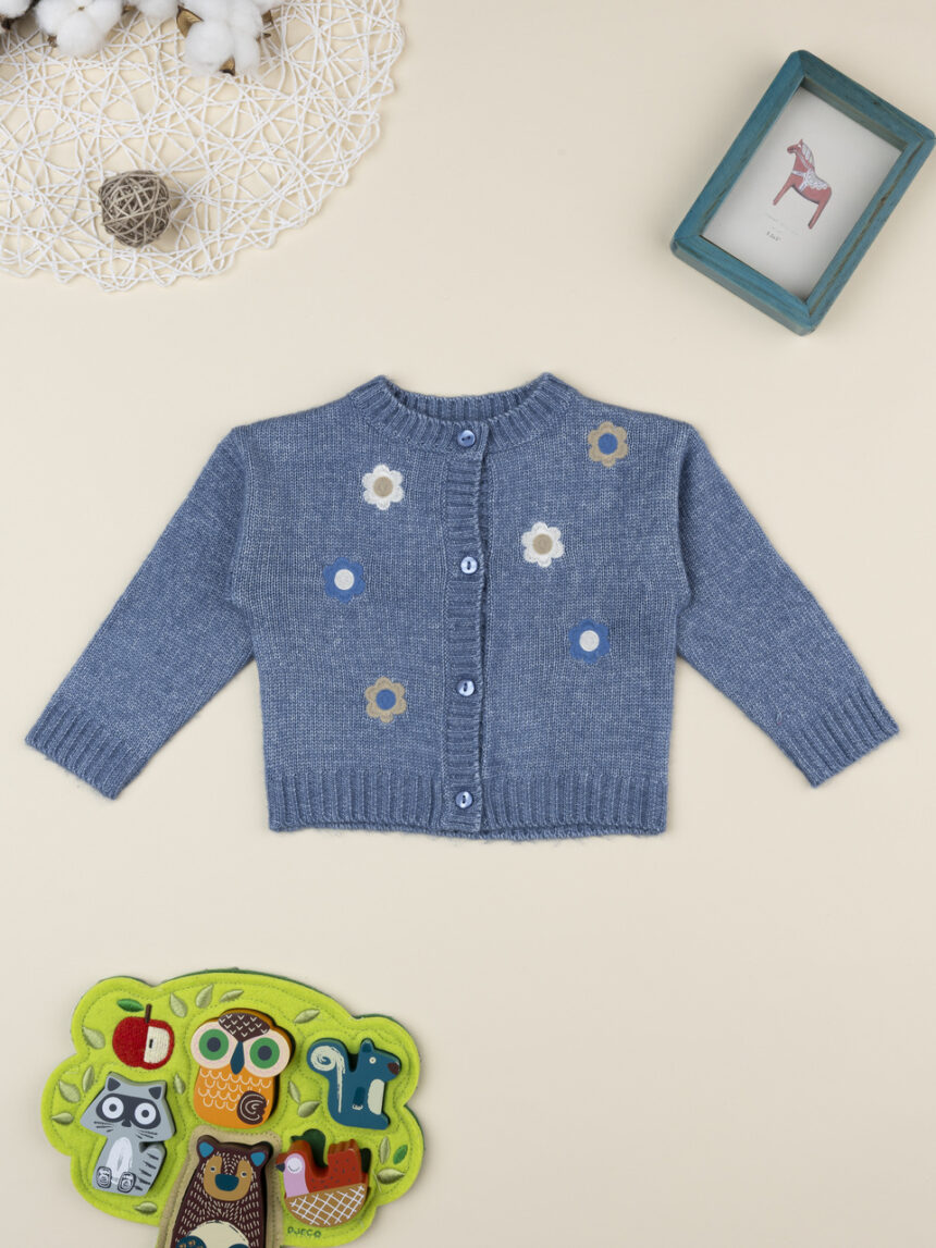 βρεφική ζακέτα πλεκτή μπλε με λουλούδια για κορίτσι - Prénatal