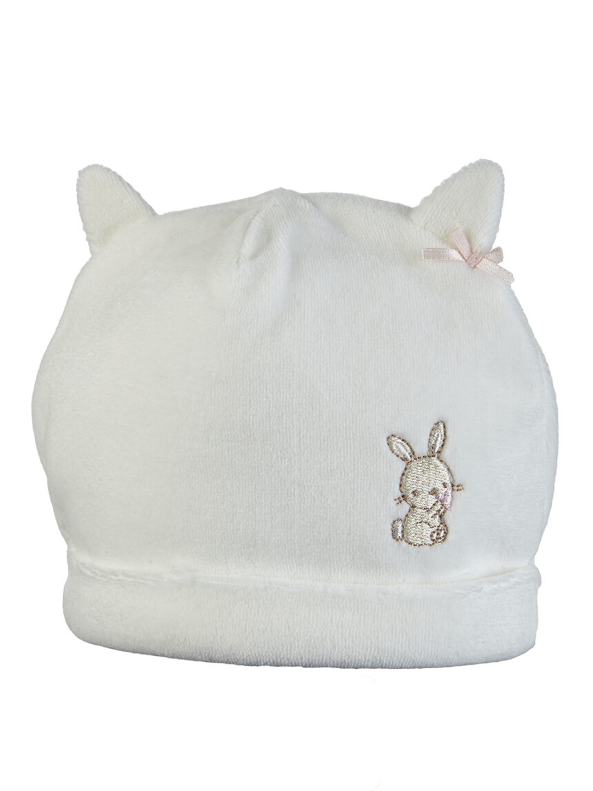 βρεφικό σκουφάκι σενίλ λευκό με λαγουδάκι για κορίτσι - Prénatal