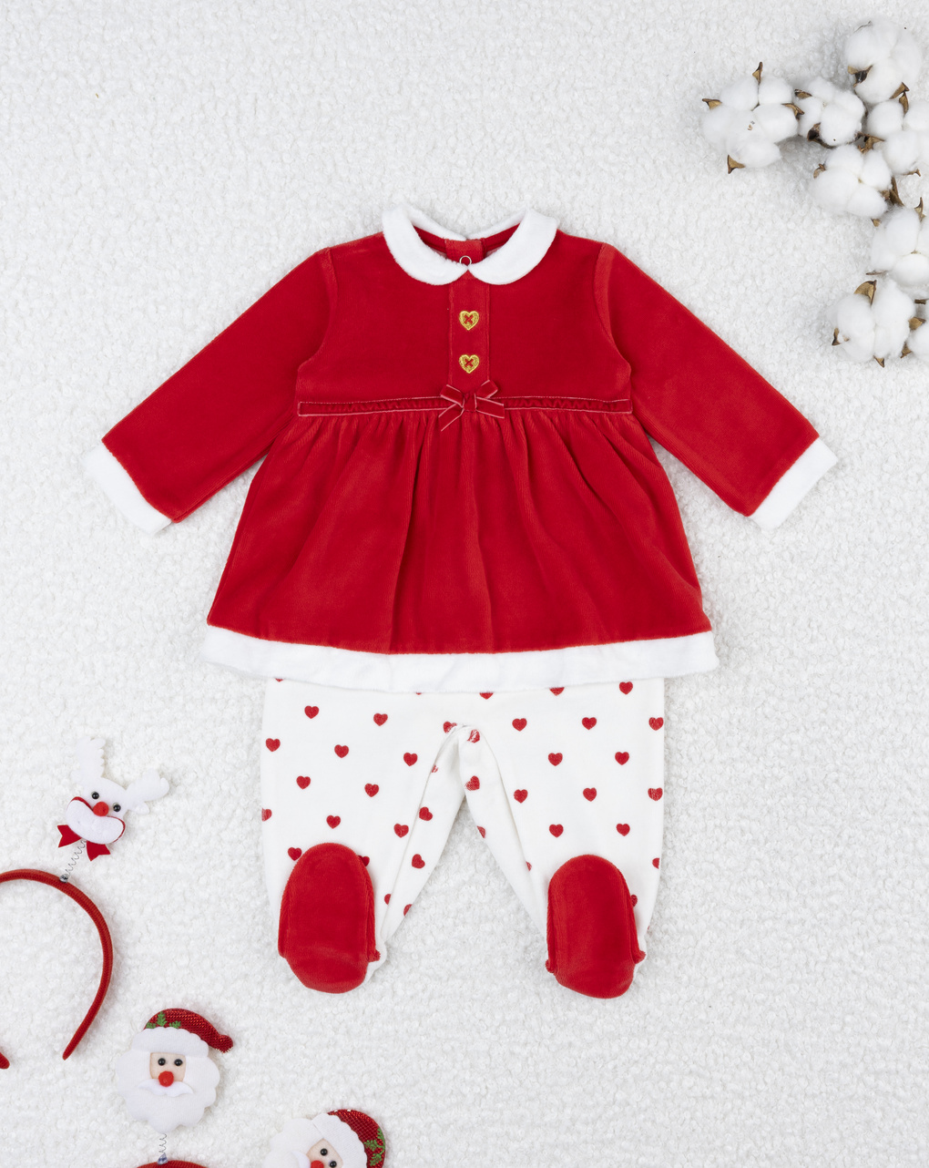 βρεφικό χριστουγεννιάτικο φορμάκι κόκκινο/λευκό με καρδούλες για κορίτσι