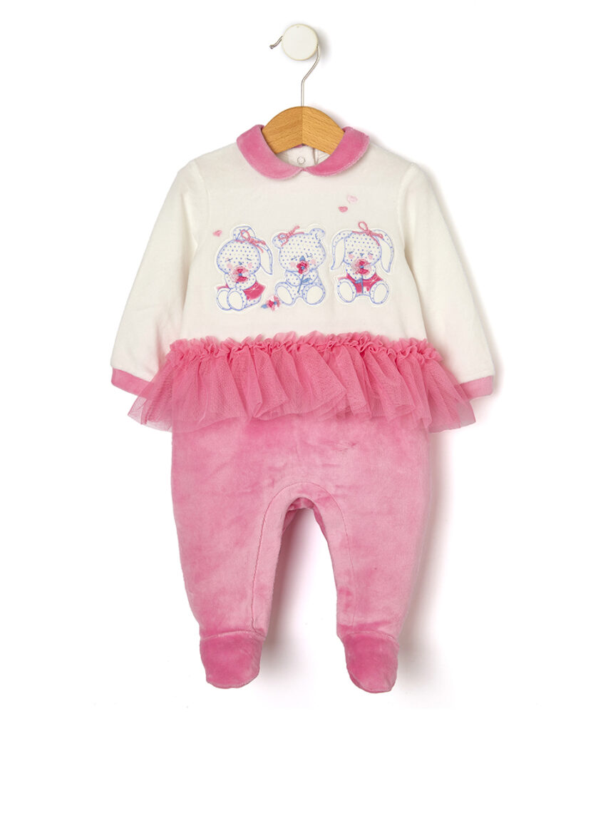βρεφικό φορμάκι σενίλ λευκό/ροζ με αρκουδάκια για κορίτσι - Prénatal