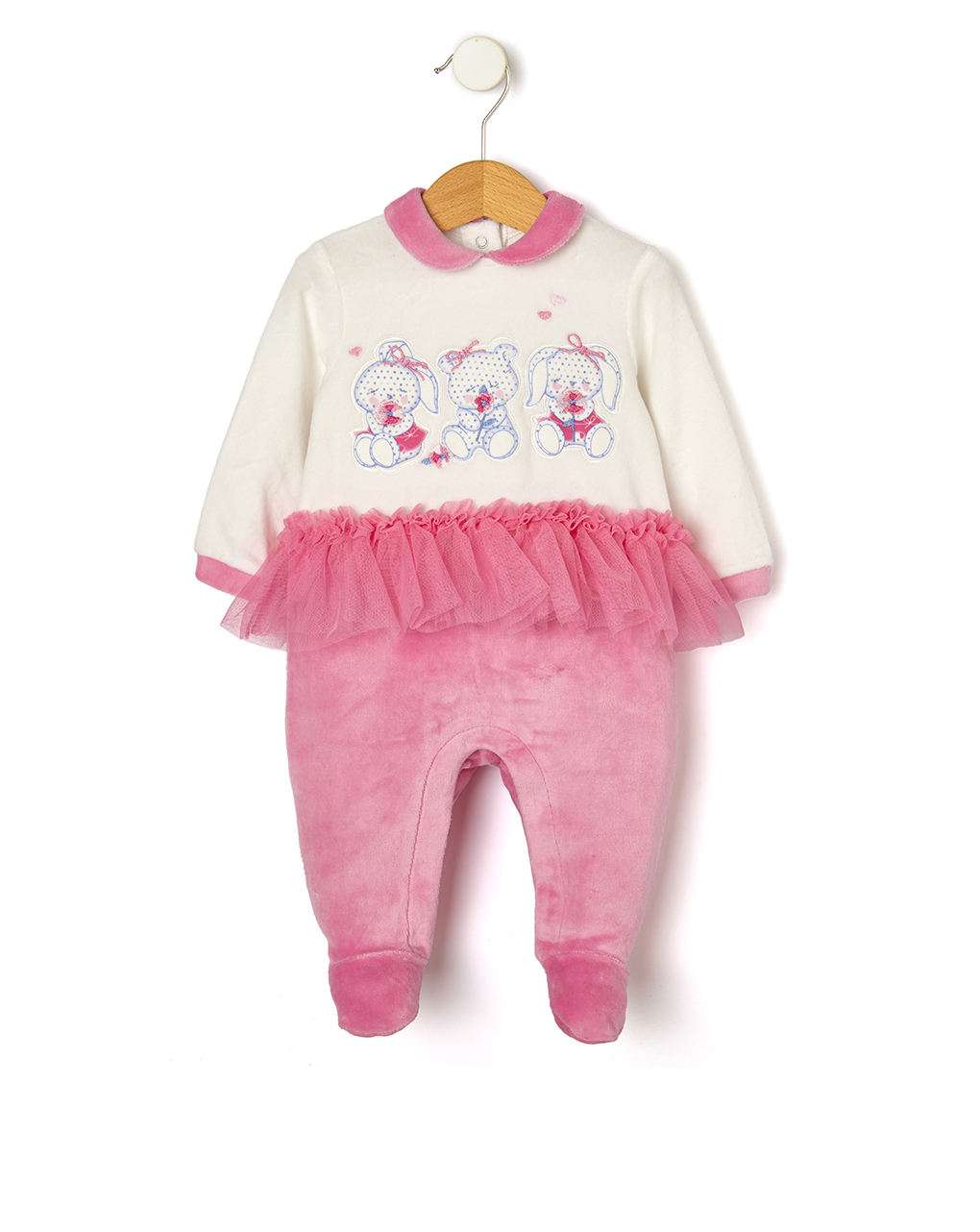 βρεφικό φορμάκι σενίλ λευκό/ροζ με αρκουδάκια για κορίτσι