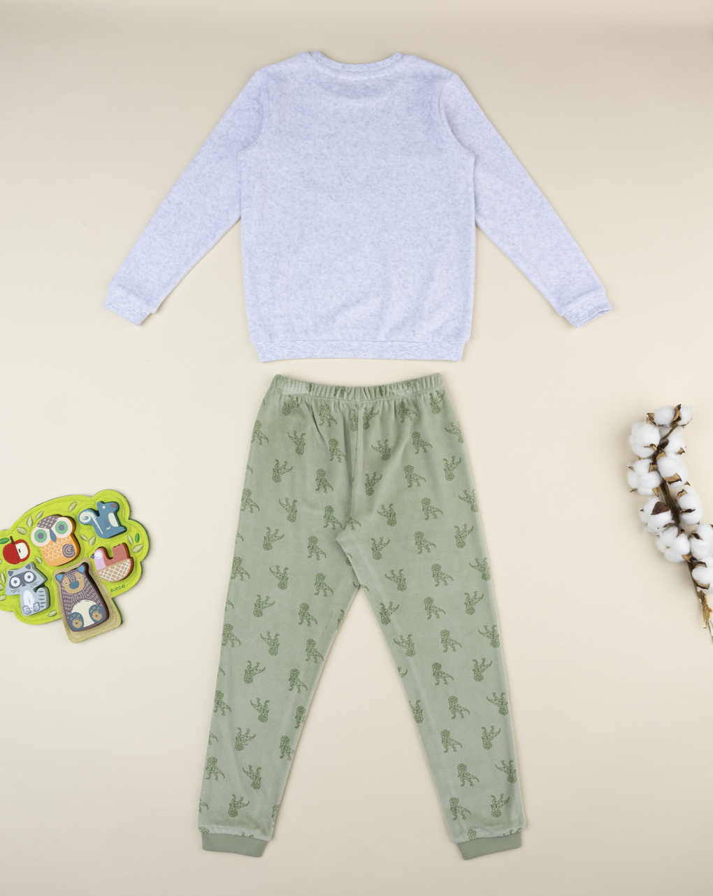 παιδική πιτζάμα σενίλ γκρι/λαδί dino για αγόρι - Prénatal