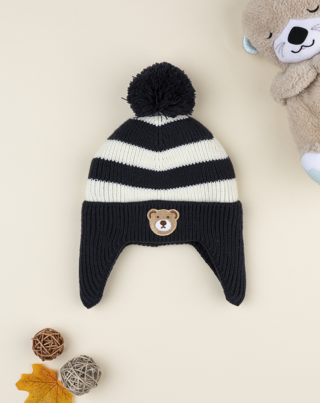 βρεφικό σκουφάκι περουβιανού τύπου με αρκουδάκι για αγόρι