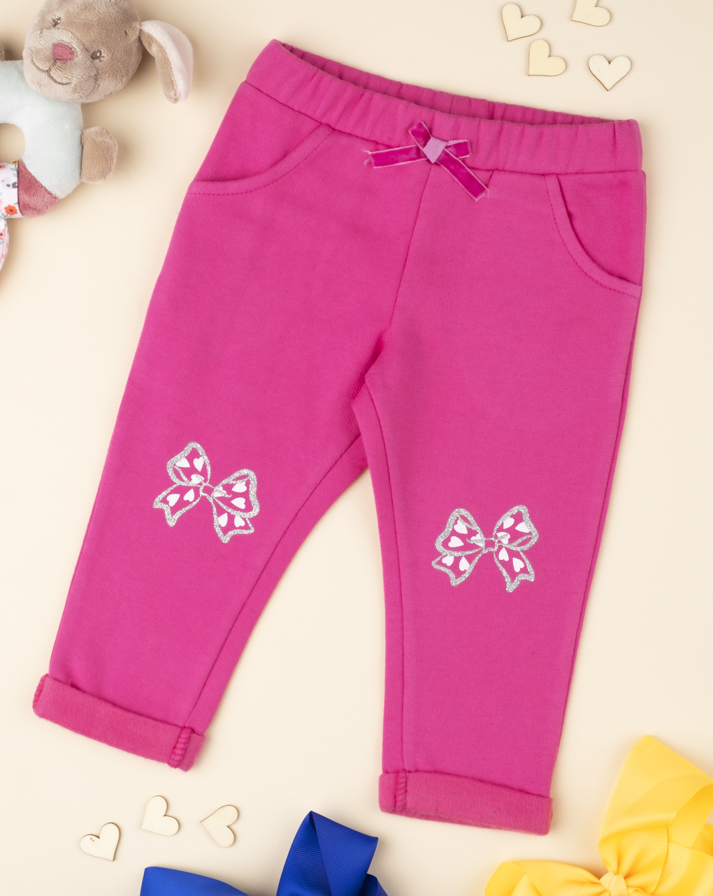 βρεφικό παντελόνι φούτερ φούξια με φιογκάκια για κορίτσι