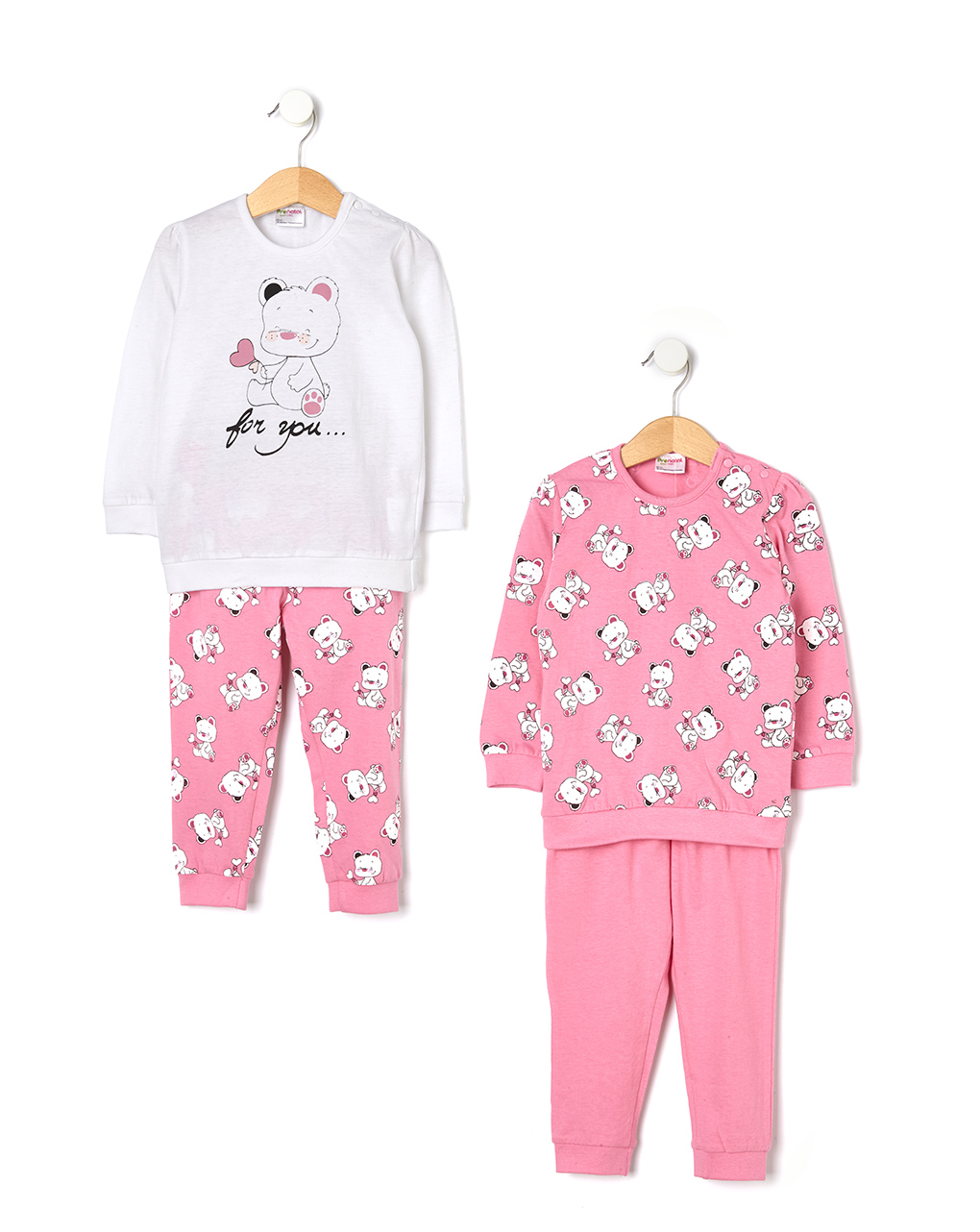 βρεφικές πιτζάμες ροζ/λευκό με αρκουδάκια πακέτο x2 για κορίτσι
