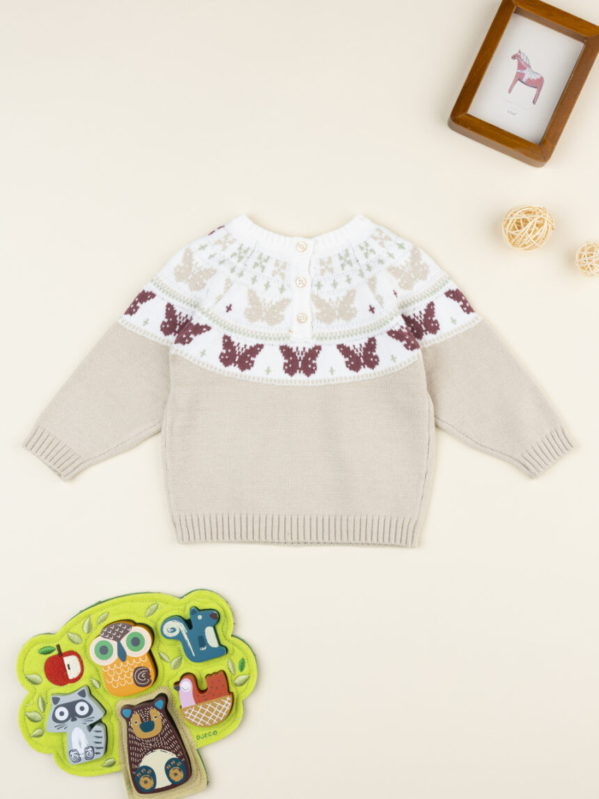 βρεφικό πουλόβερ μπεζ ζακάρ με πεταλούδες για κορίτσι - Prénatal