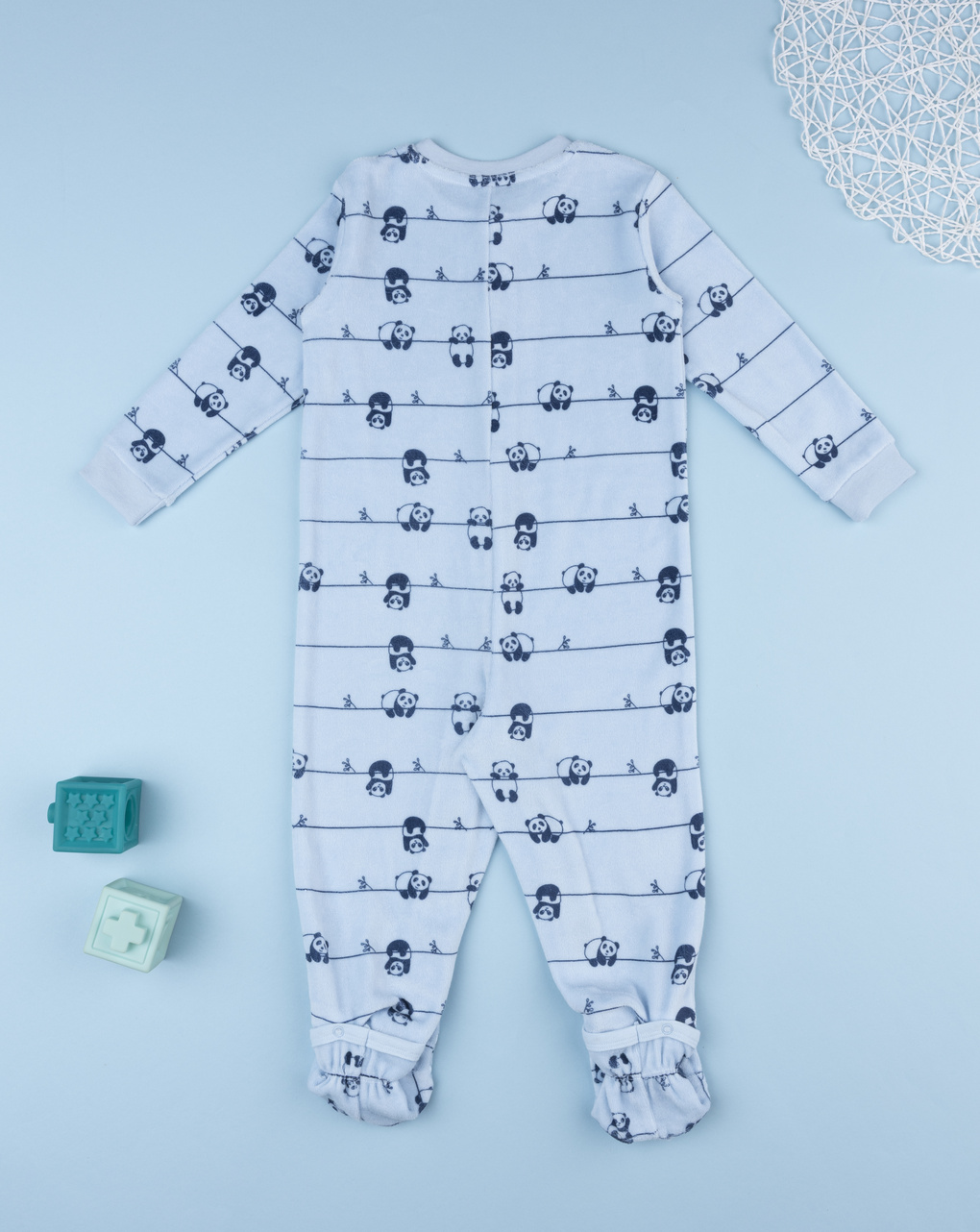 βρεφική πιτζάμα ολόσωμη σενίλ γαλάζια με πάντα για αγόρι - Prénatal