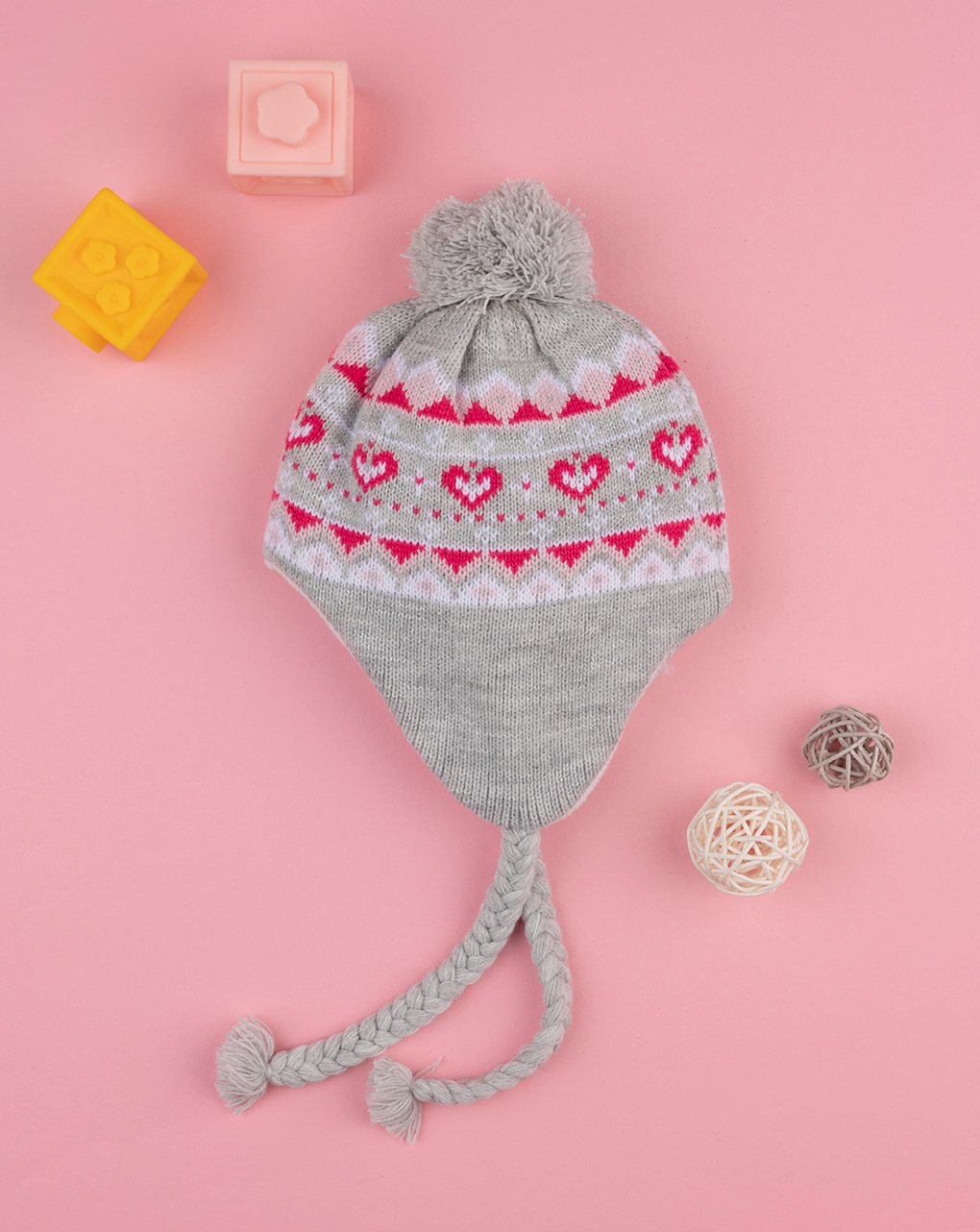 παιδικό σκουφάκι περουβιανού τύπου λευκό με καρδούλες για κορίτσι - Prénatal