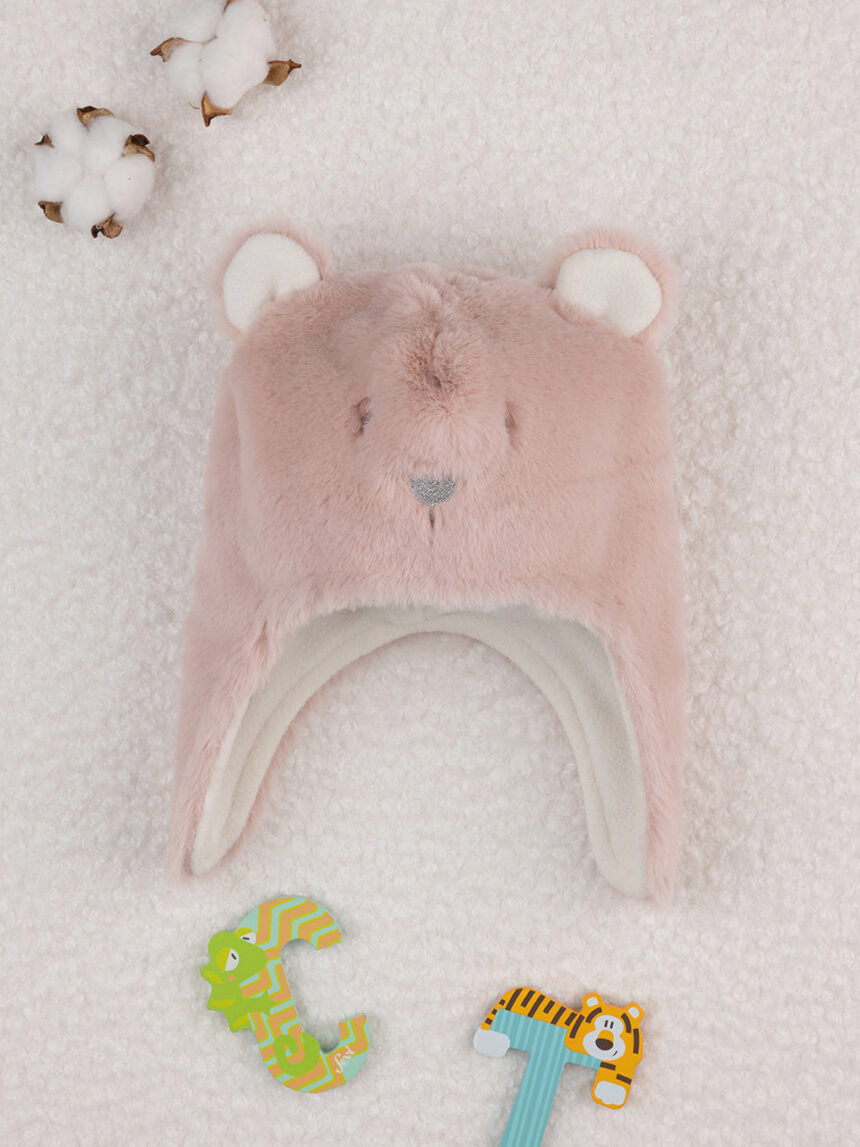 βρεφικό σκουφάκι περουβιανού τύπου ροζ με αρκουδάκι για κορίτσι - Prénatal