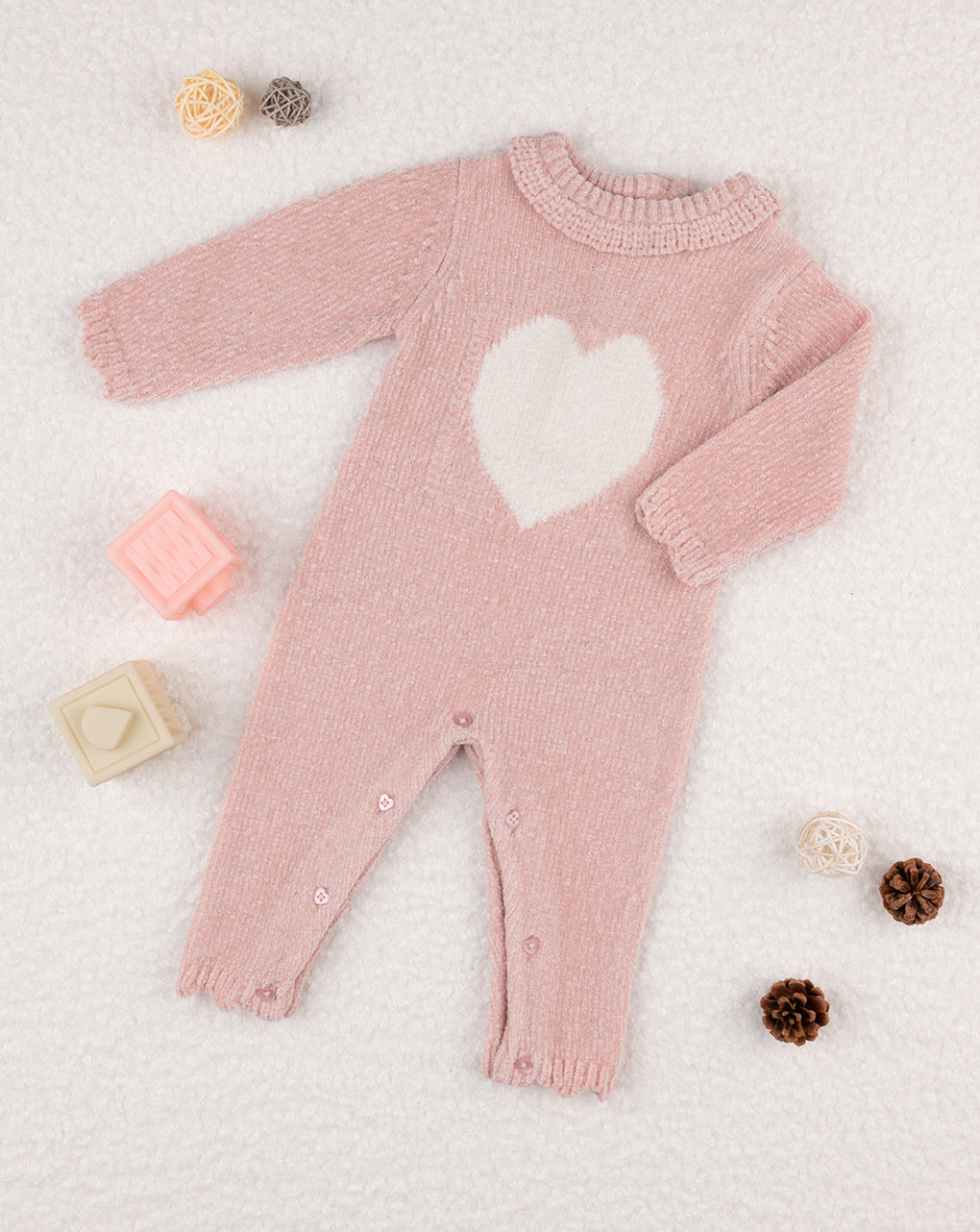 βρεφικό φορμάκι πλεκτό ροζ με καρδούλα για κορίτσι - Prénatal
