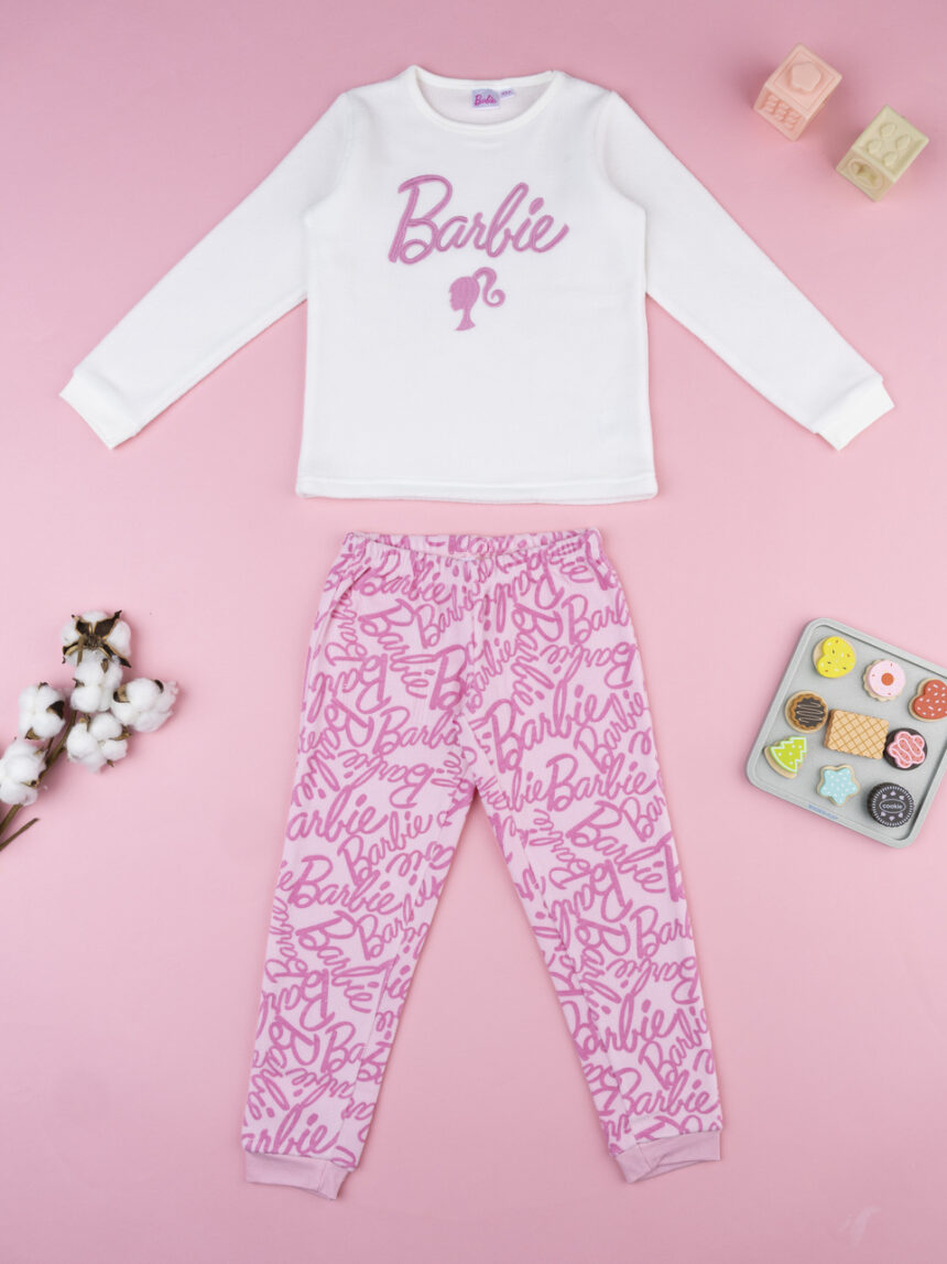 παιδική πιτζάμα fleece λευκή/ροζ barbie για κορίτσι - Prénatal