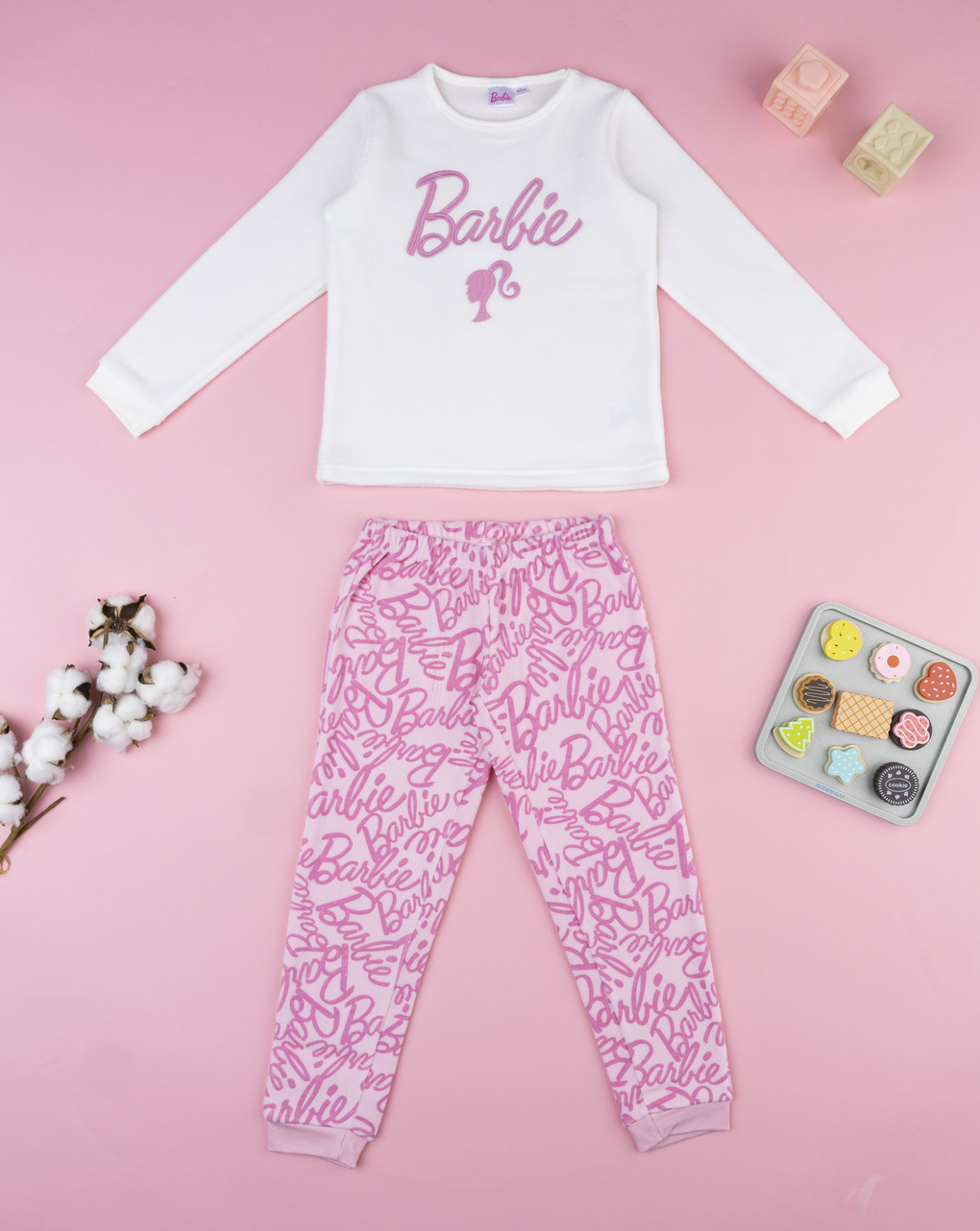 παιδική πιτζάμα fleece λευκή/ροζ barbie για κορίτσι