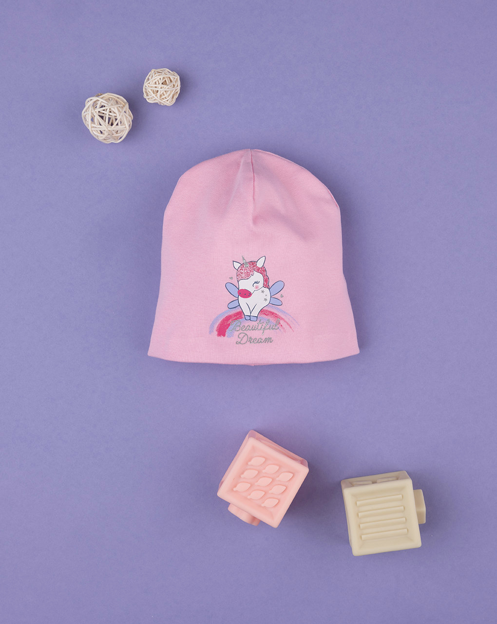 βρεφικό σκουφάκι ροζ με μονόκερο για κορίτσι