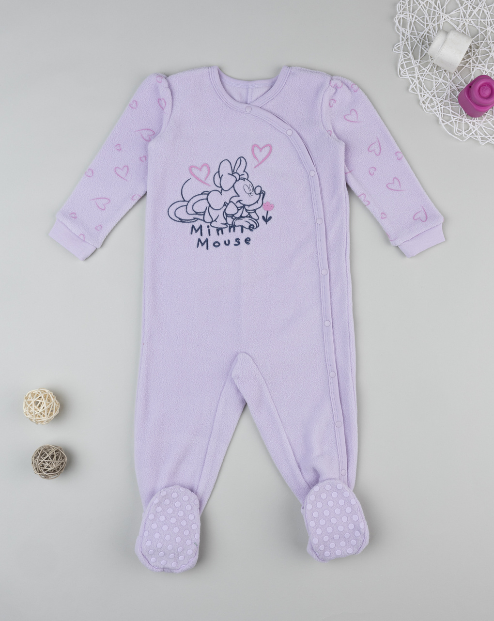 βρεφική πιτζάμα ολόσωμη fleece λιλά minnie για κορίτσι