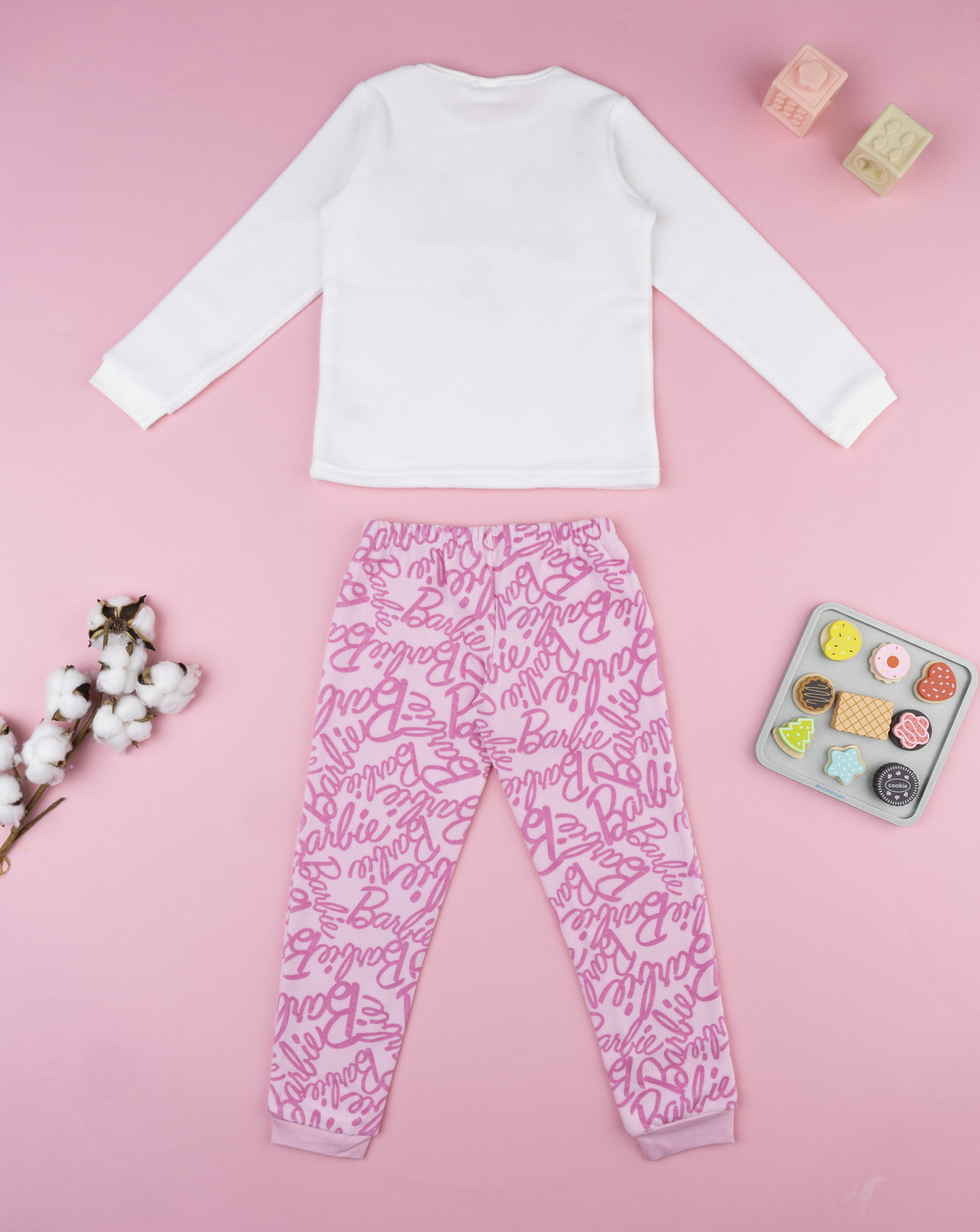 παιδική πιτζάμα fleece λευκή/ροζ barbie για κορίτσι - Prénatal