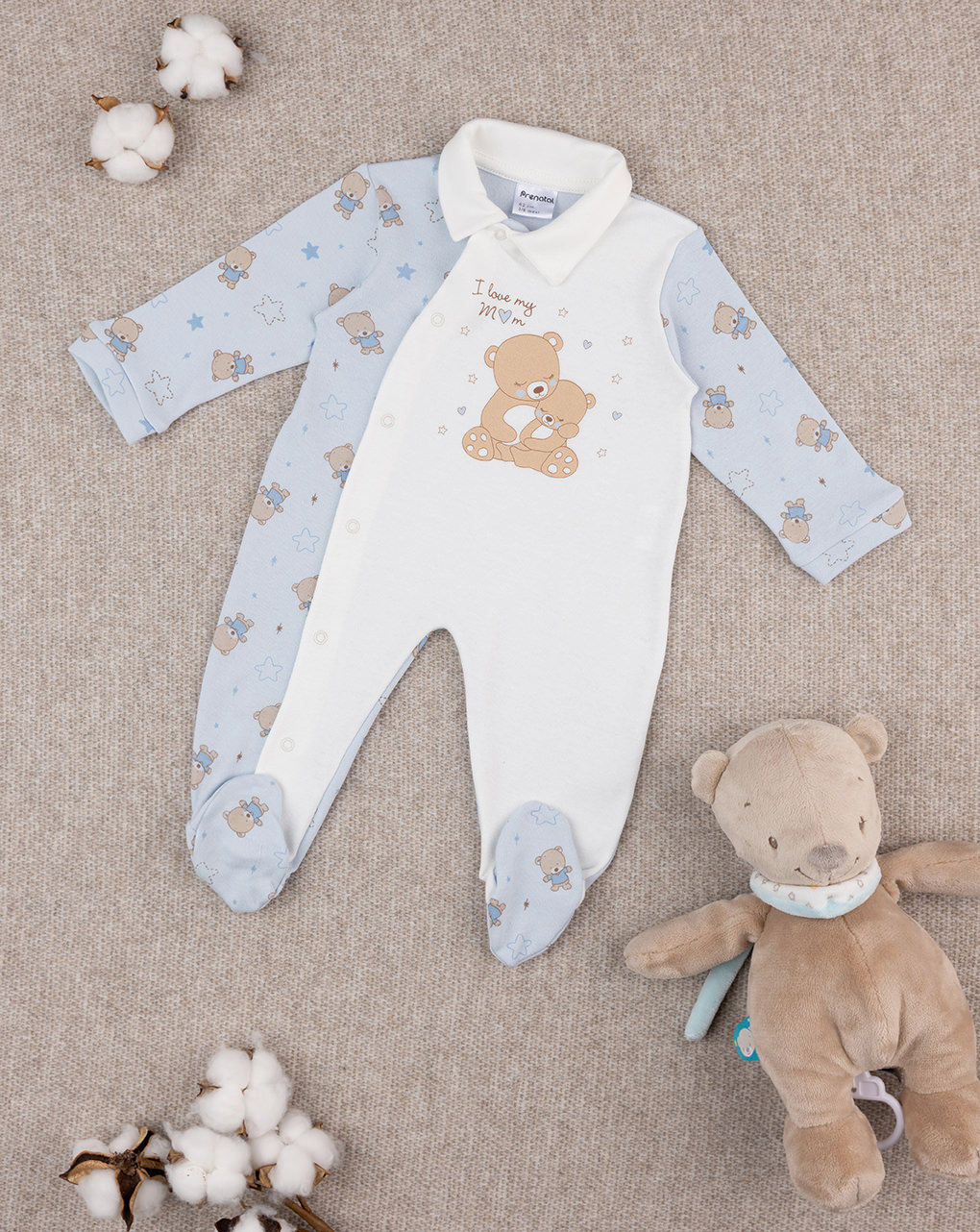 βρεφικό φορμάκι λευκό/γαλάζιο με αρκουδάκι για αγόρι - Prénatal