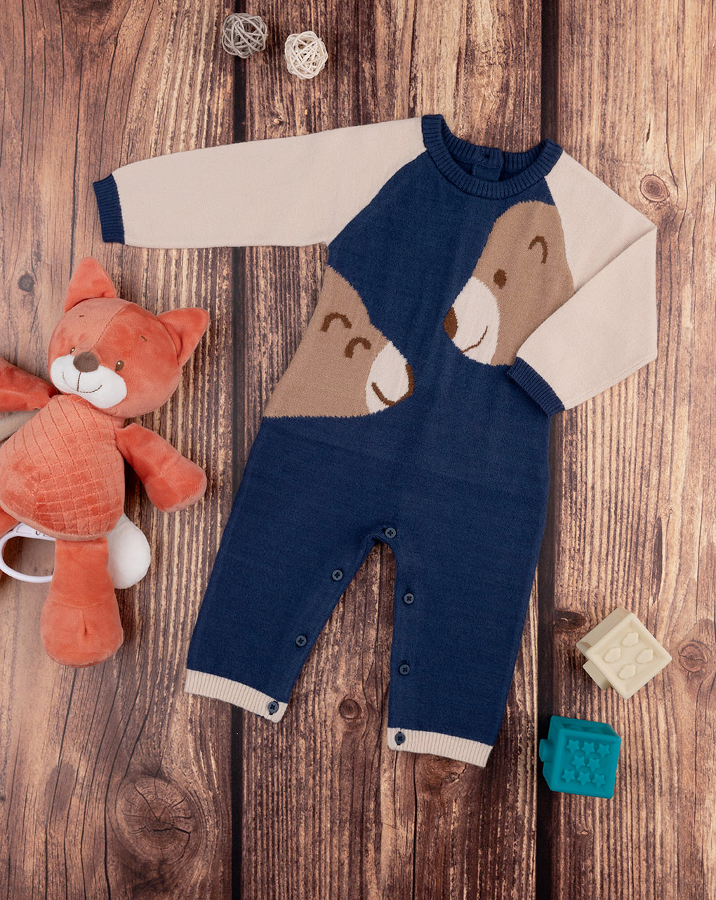 βρεφικό φορμάκι πλεκτό μπλε με αρκουδάκια για αγόρι